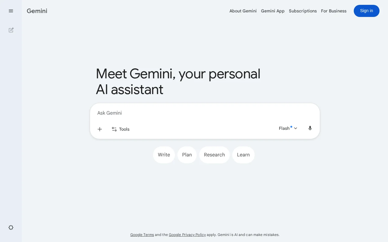 Google Gemini homepage